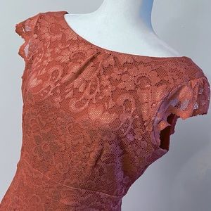 A.B.S Allen Schwartz Sz12 CORAL/Salmon stretch lace, scallop sleeve dress